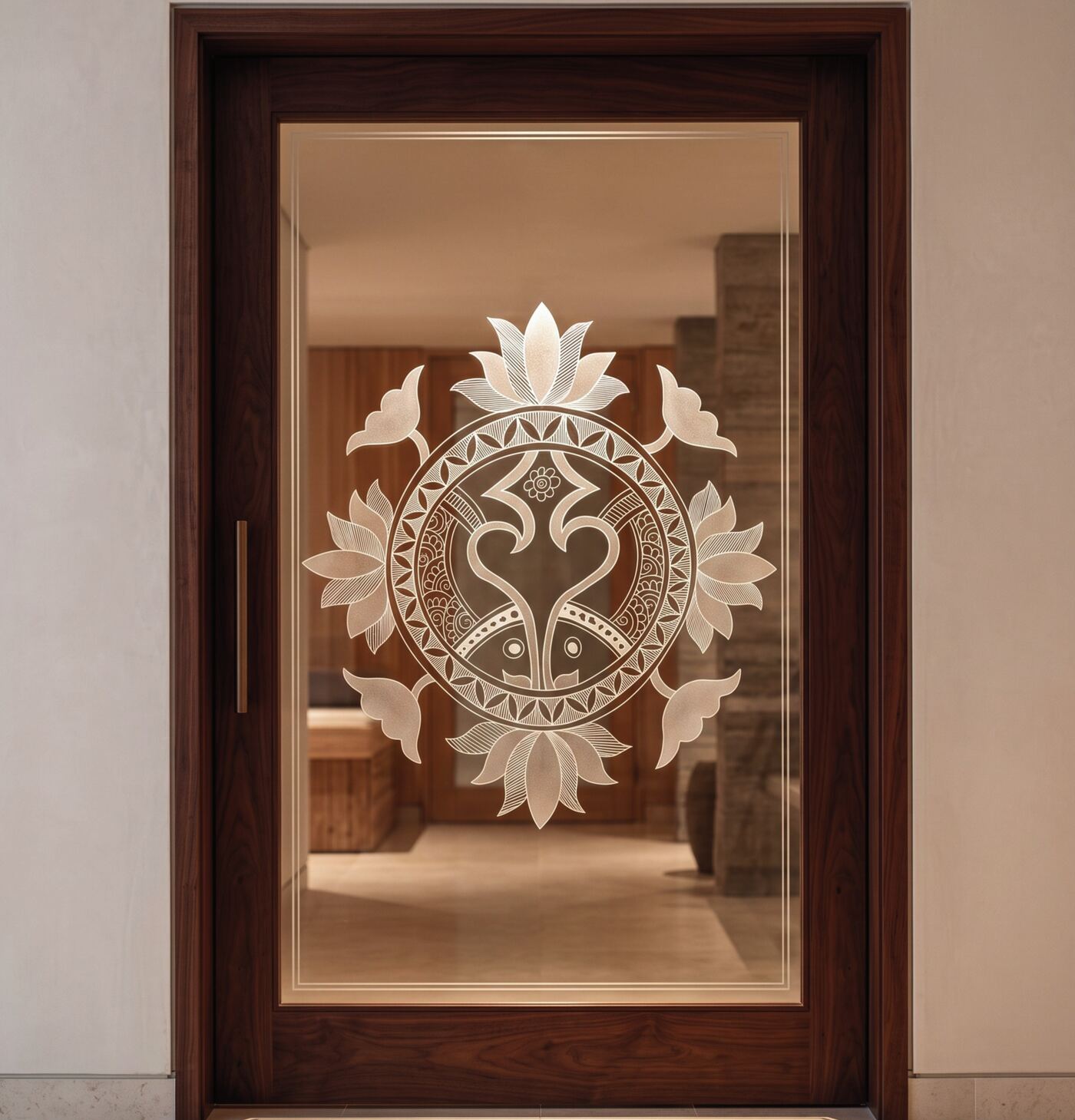Visualization of the Kūrma lotus medallion etched into the glass of a walnut-framed door.