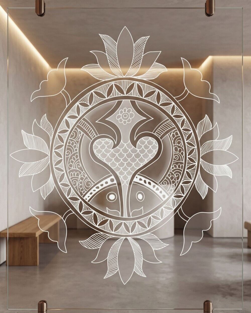 Visualization of Kūrma: the Lotus Carapace Medallion etched into a frameless glass panel.