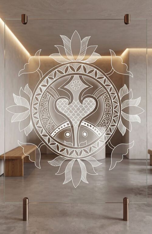 Visualization of Kūrma, Lotus Carapace Medallion: frameless privacy dividers, water screen transitions and wellness features.