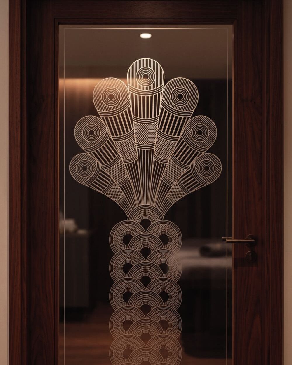 Visualization of Matsya: the Radiating Crest Totem etched into a glass door.