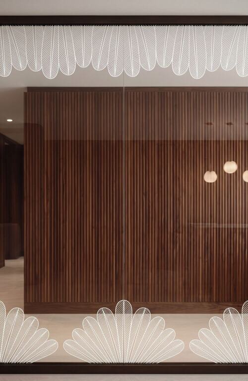 Visualization of Matsya, Ornamental Frieze and Base: full-height demountable partitions and feature screens.