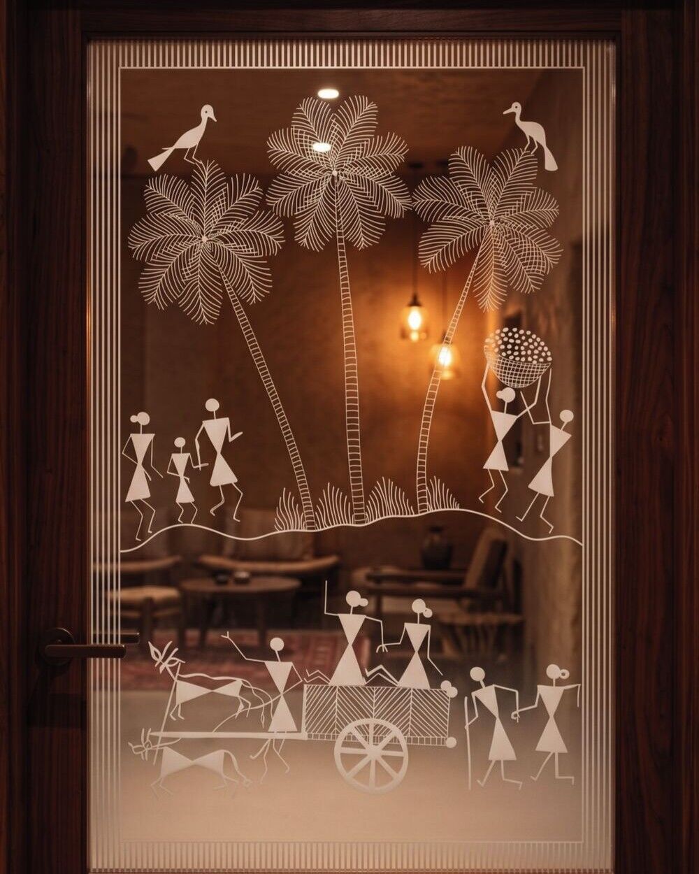 Visualization of Rekhā: the Narrative Vignette etched into a glass door.