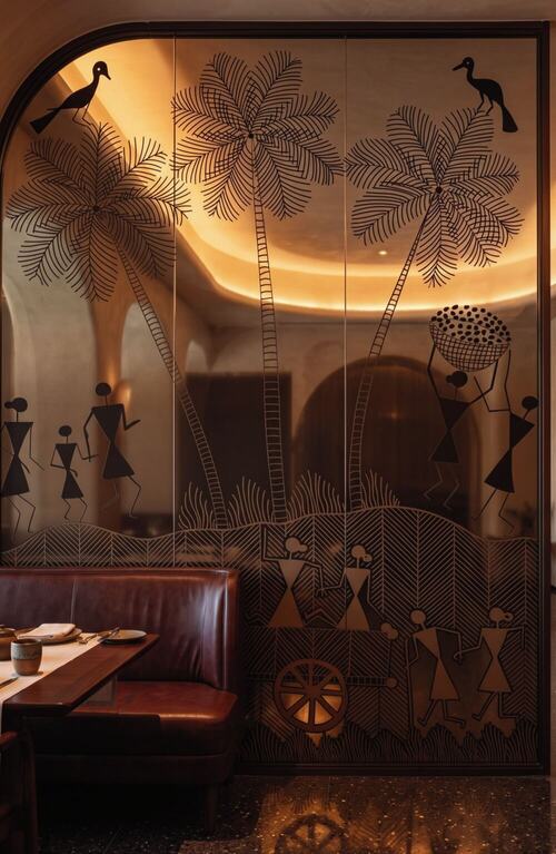 Visualization of Rekhā, Agrarian Privacy Screen: banquette screening and dining lounge zoning.