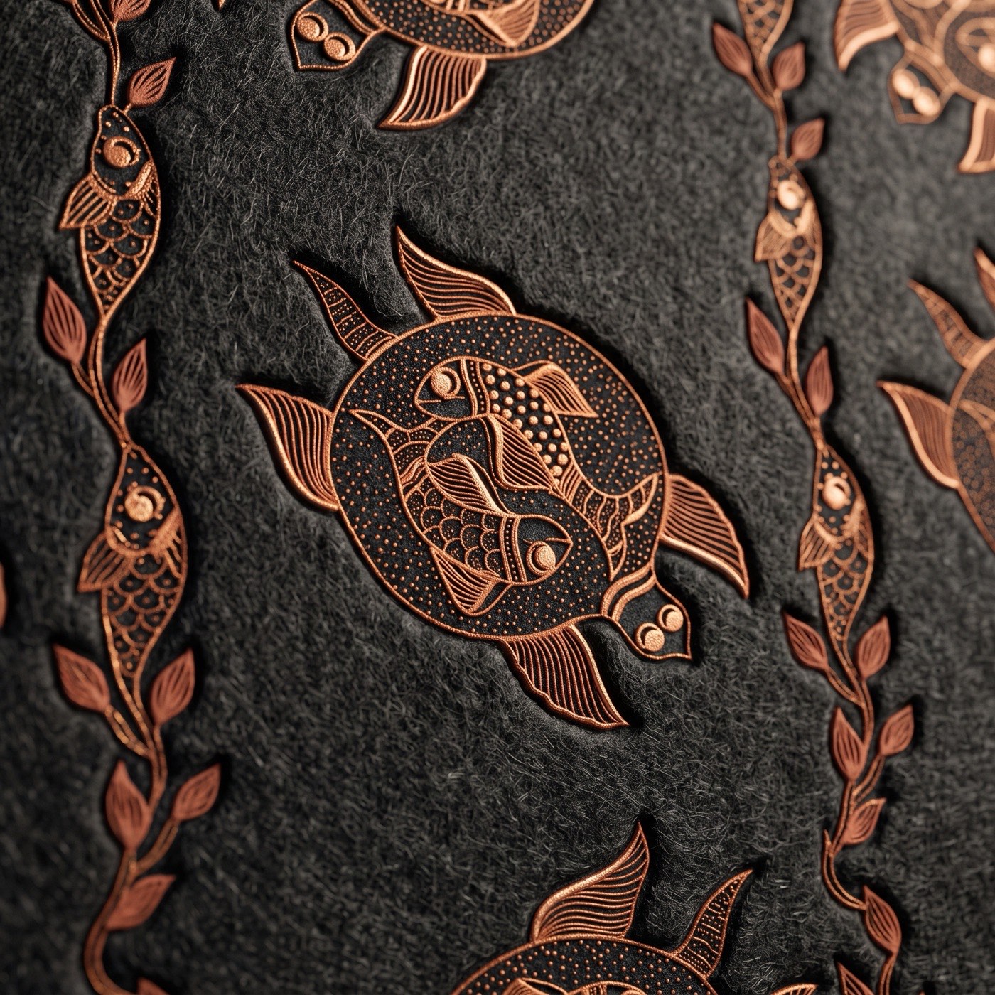 Macro detail of the Kūrma motif: copper linework and stippling set into charcoal acoustic felt, catching raking light.