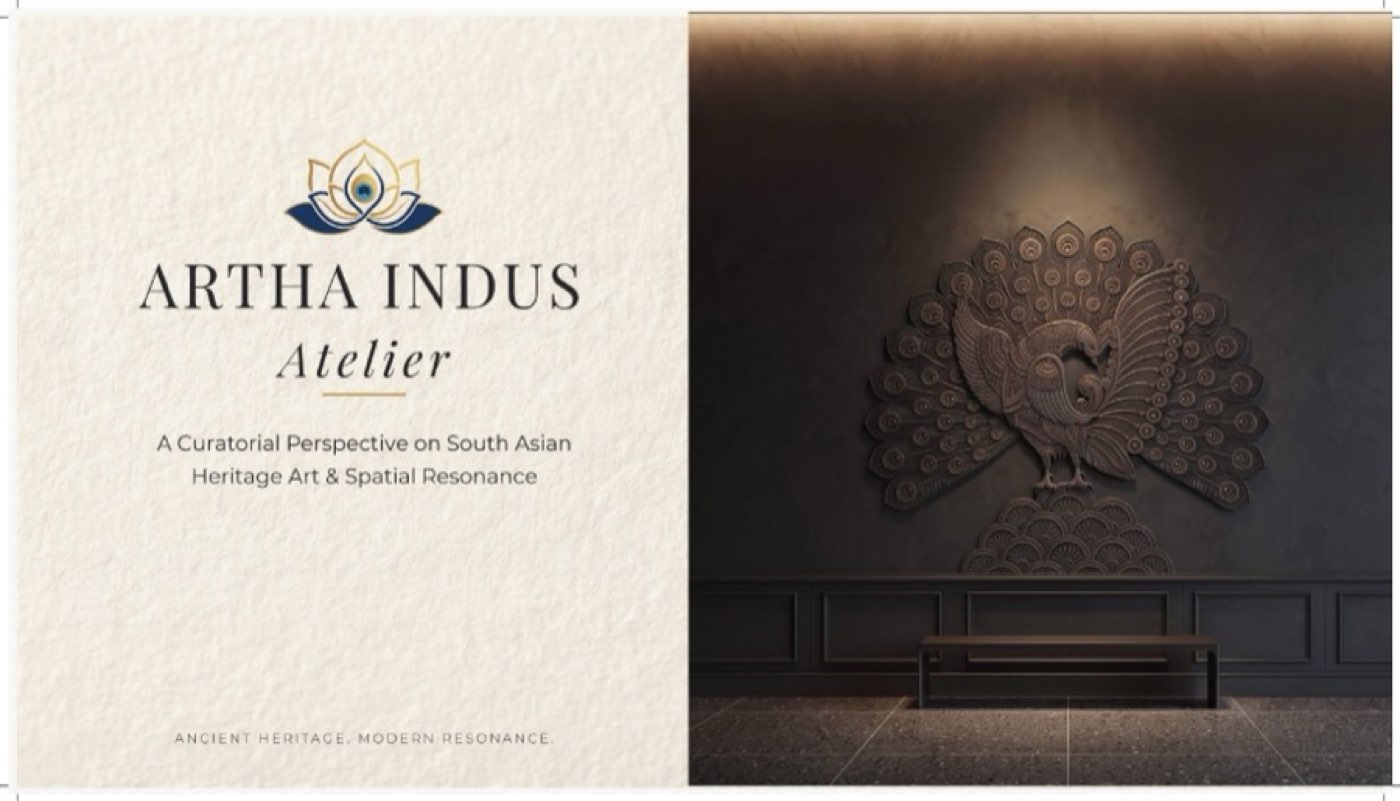 Cover of the Artha Indus Atelier 2026 Executive Lookbook, showing a bronze Madhubani peacock relief on a dark plaster wall.