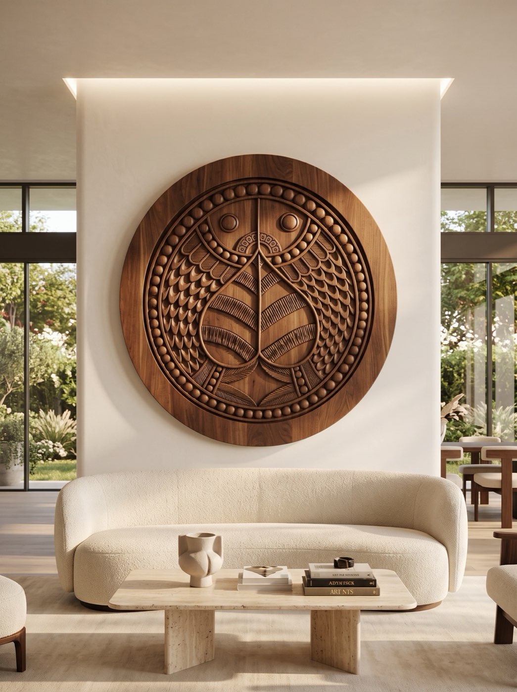 CNC-carved solid American walnut bas-relief medallion of the Matsya motif in a modern residential salon.
