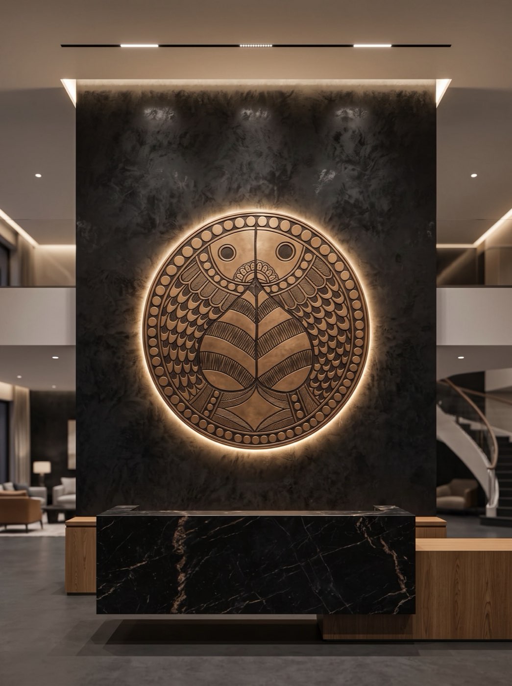 Oversized hand-engraved bronze medallion with halo LED backlighting on dark Venetian plaster in a hotel lobby.