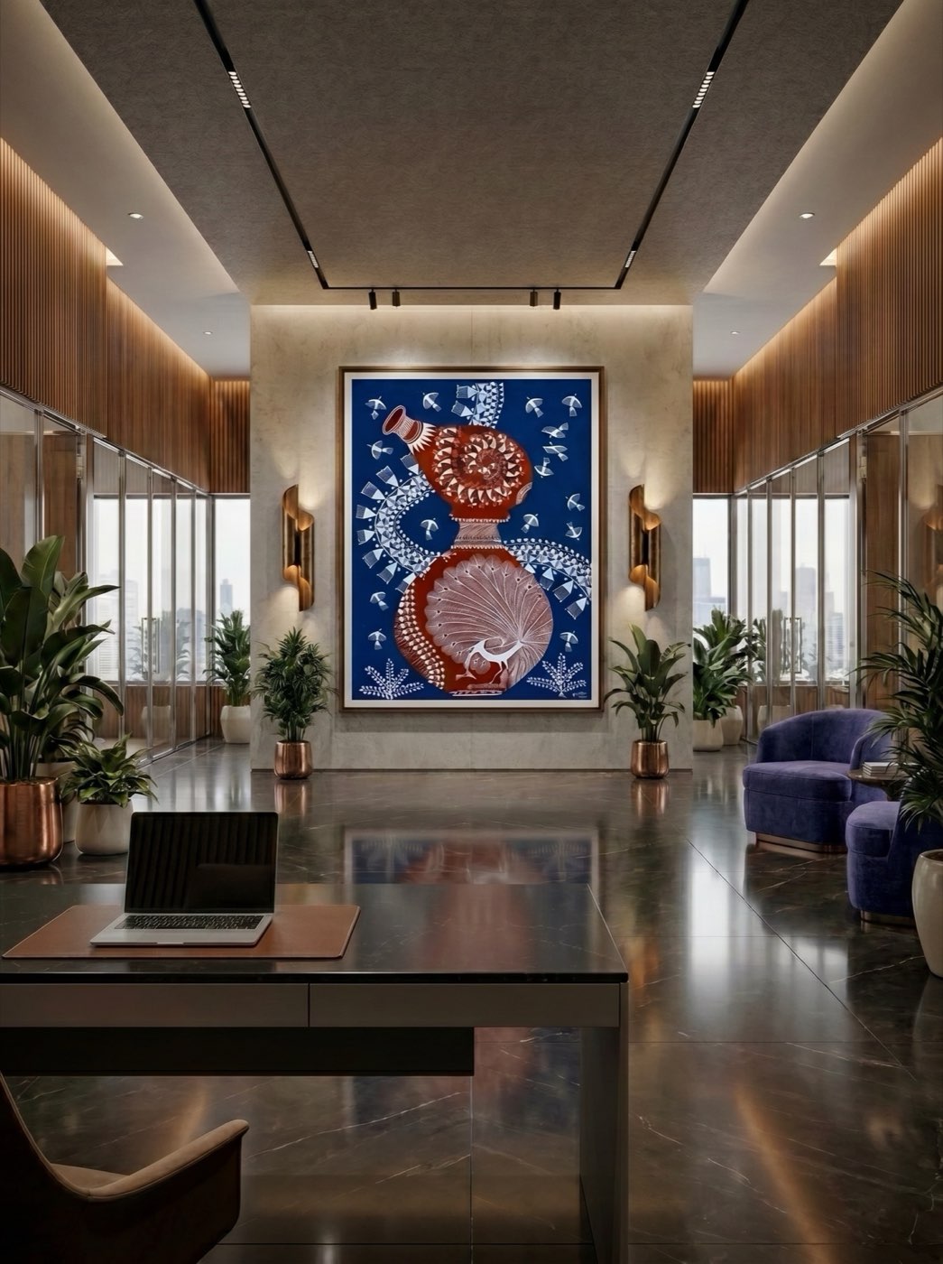 Custom large-scale Warli folk-art feature piece in a modern executive lobby with dark marble and fluted oak millwork.