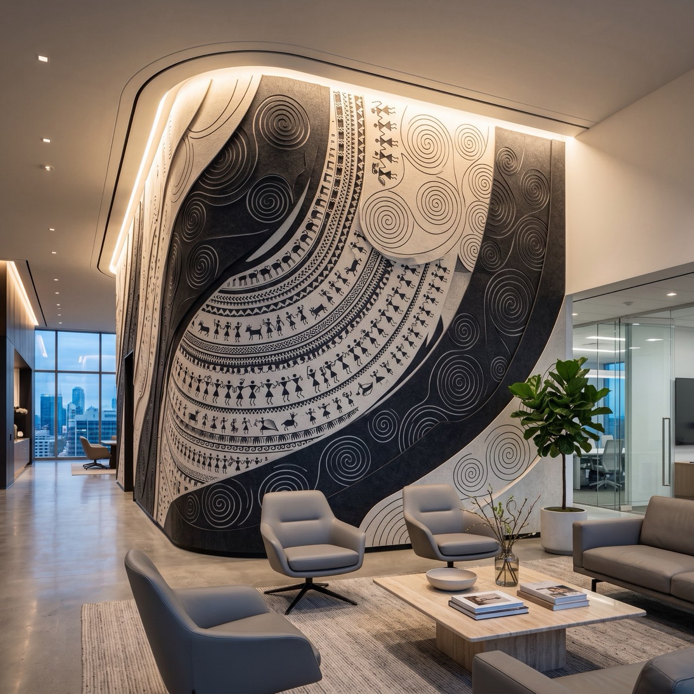 A multi-layered 3D bas-relief acoustic feature wall of Warli geometry wrapping a curved flagship suite with recessed LED grazing.