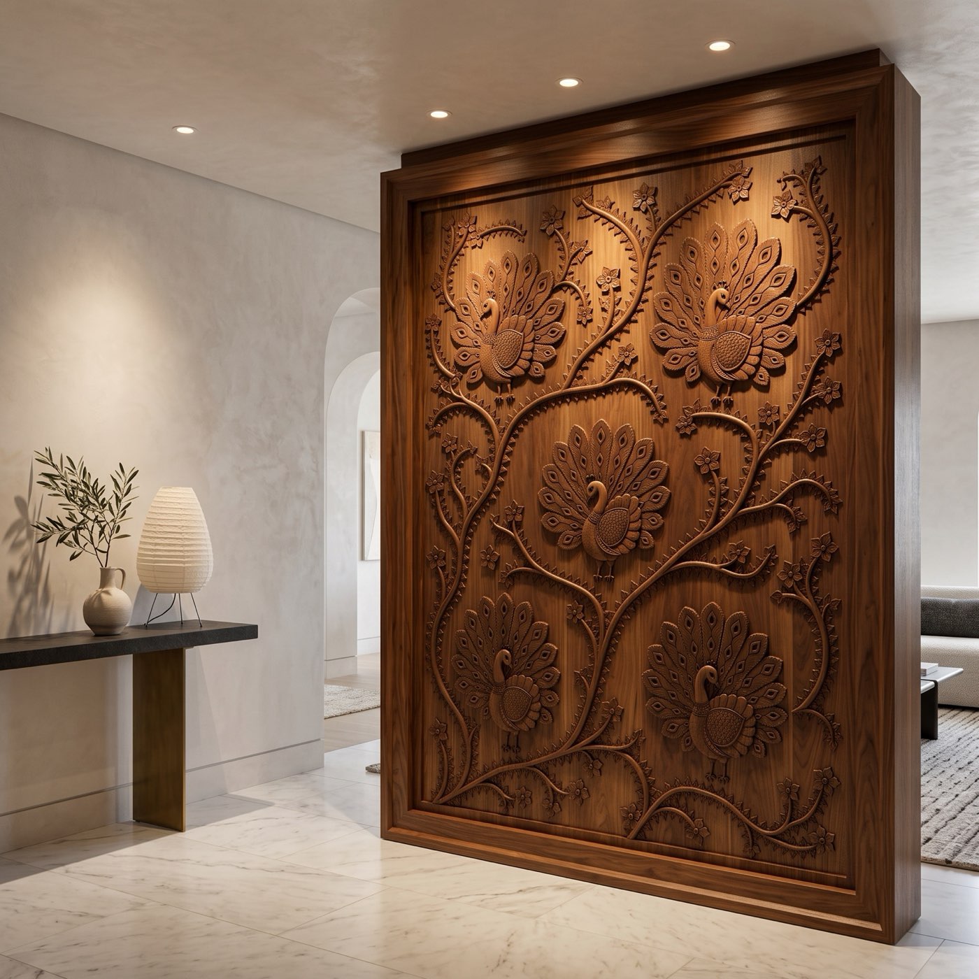 Freestanding solid walnut entryway screen CNC-milled with a multi-peacock Mithila motif.