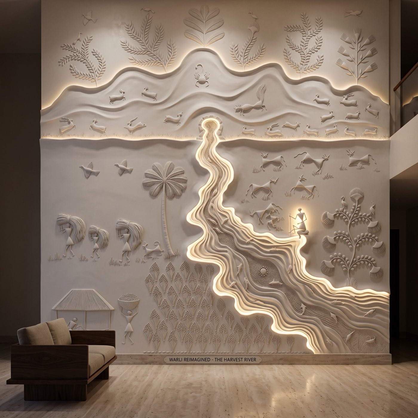 Deeply carved plaster bas-relief of a Warli Harvest River narrative with concealed LED lighting in the river channels of a double-height atrium.