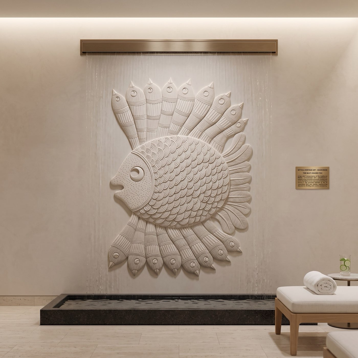 A 36-inch architectural bas-relief of a Gond Matsya motif carved over a hydrotherapy water element with integrated backlighting.