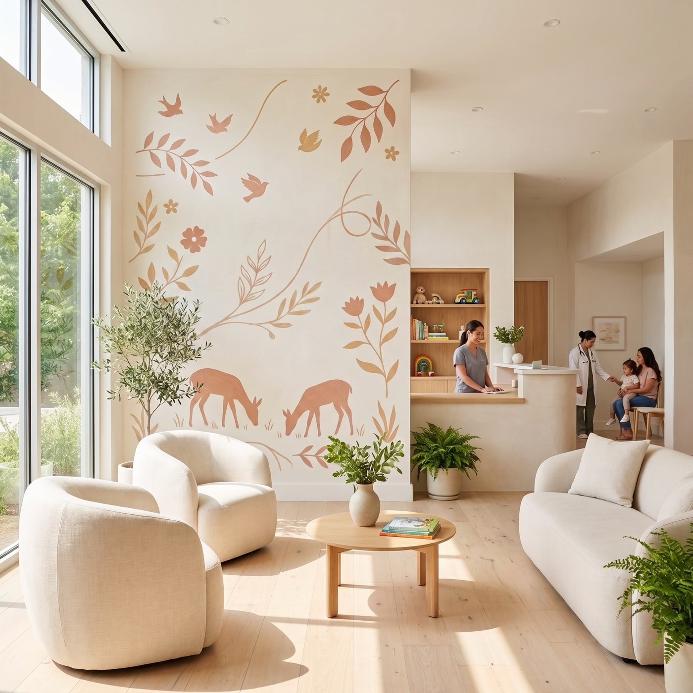 Minimalist biophilic Sohrai-inspired mural with soft clay pigments and generous negative space for a pediatric healthcare suite.