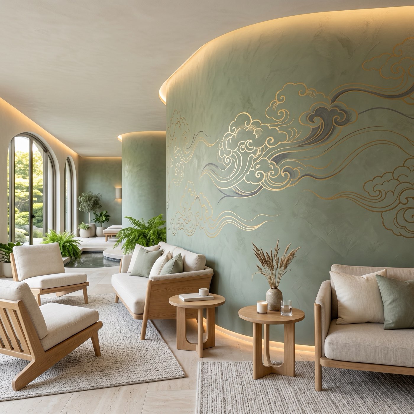 Sweeping Himalayan Thangka celestial cloudscapes in sage green and liquid-gold linework across a curved wellness-spa sanctuary wall.