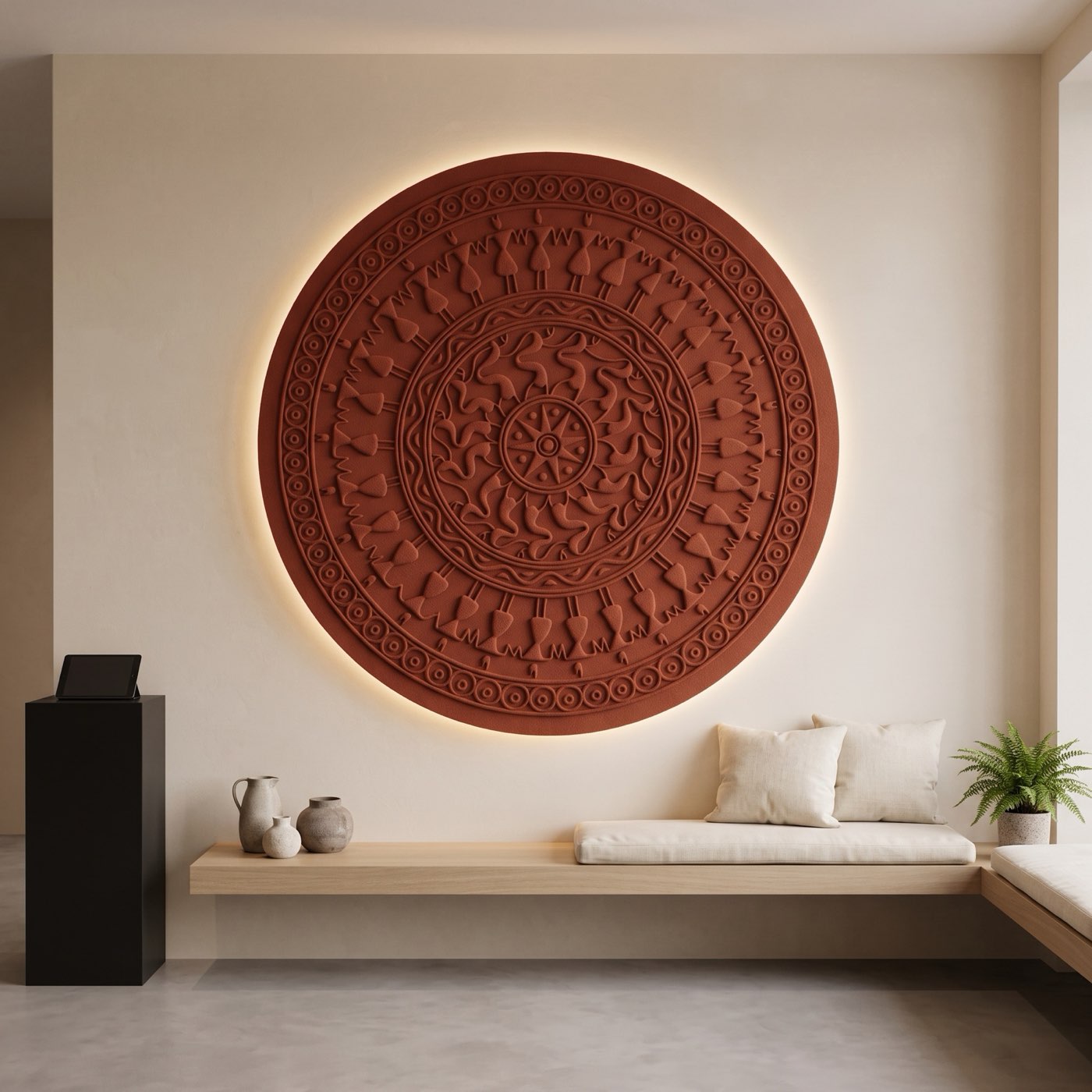 A 60-inch CNC-milled relief medallion of Saura dual-wheel cosmic iconography finished in terracotta lime plaster with a halo LED channel.