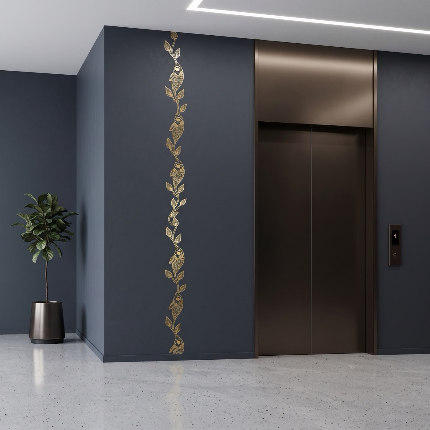 A vertical vine of brushed-gold Madhubani Matsya fish motifs beside dark bronze elevator doors on a slate wall.