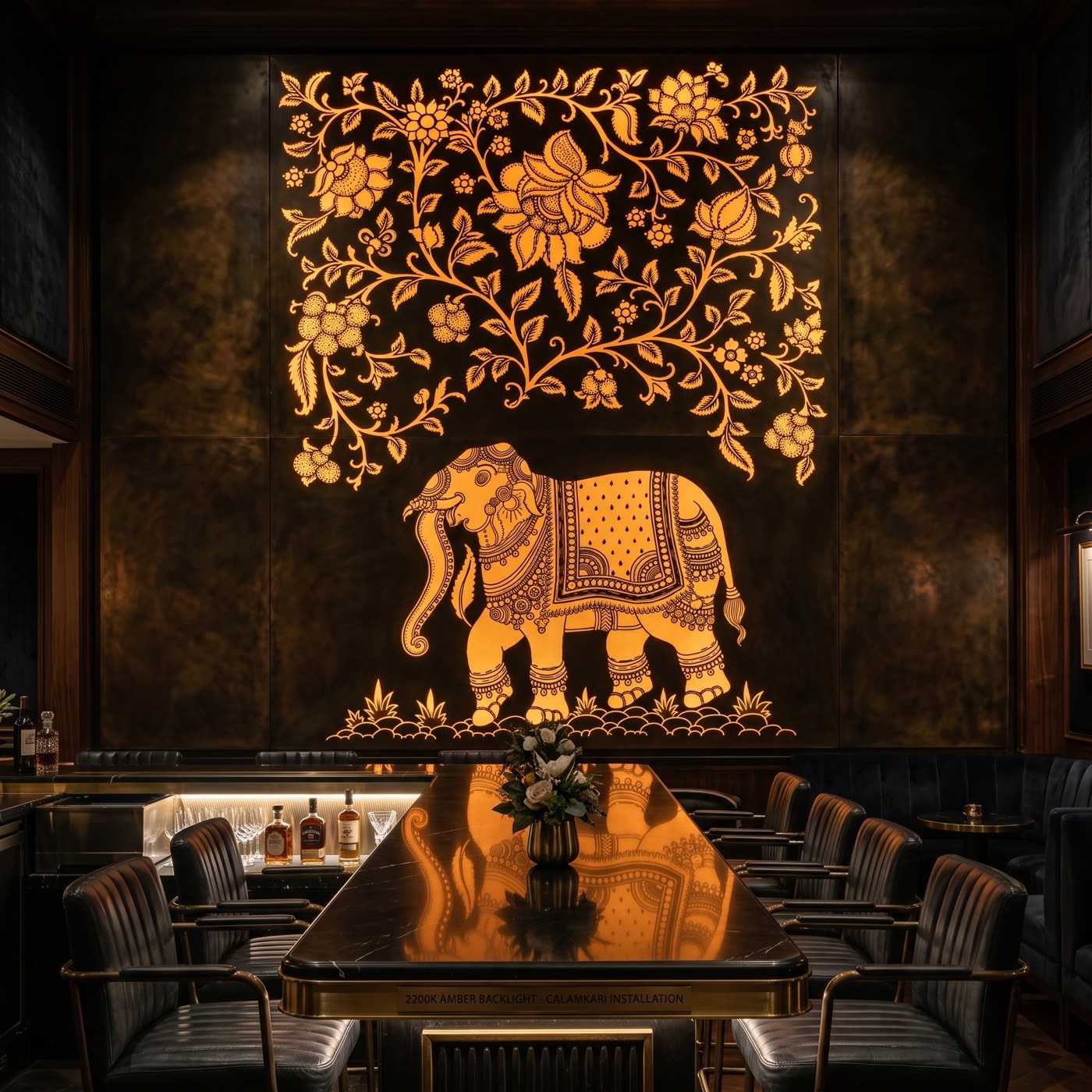 A caparisoned Kalamkari Gaja elephant beneath a flowering canopy, pierced through darkened bronze and glowing amber from backlight on the feature wall of an upscale hotel bar.
