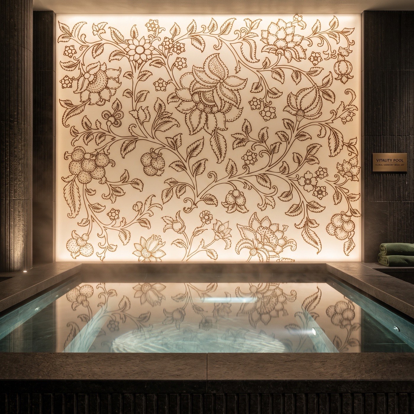 A backlit translucent resin panel carrying hand-drawn Kalamkari flora, glowing behind a steaming vitality pool.
