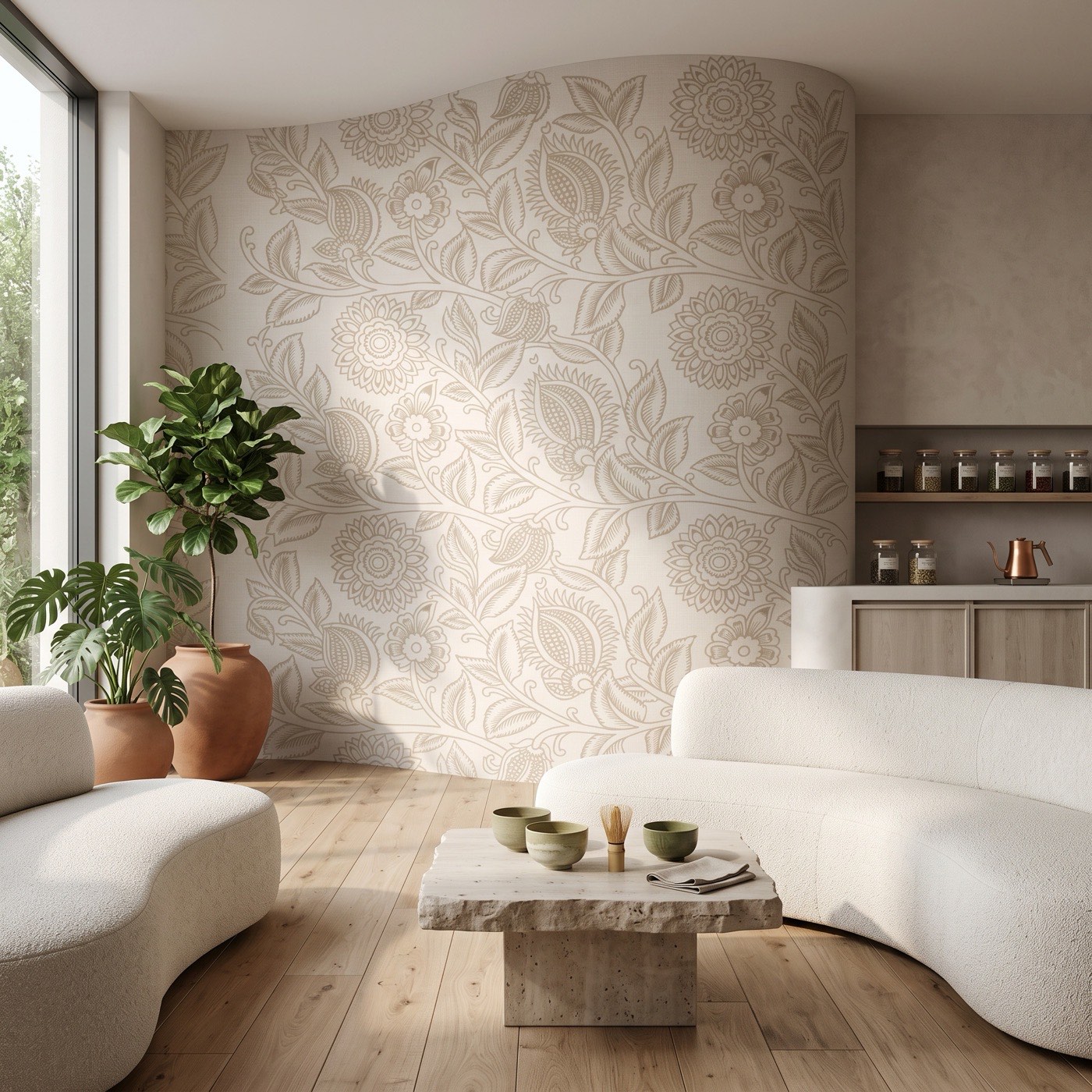 A curved wellness-lounge wall wrapped in a seamless linen-textured Kalamkari vine wallcovering in warm neutrals, beside a tea bar with a copper kettle.