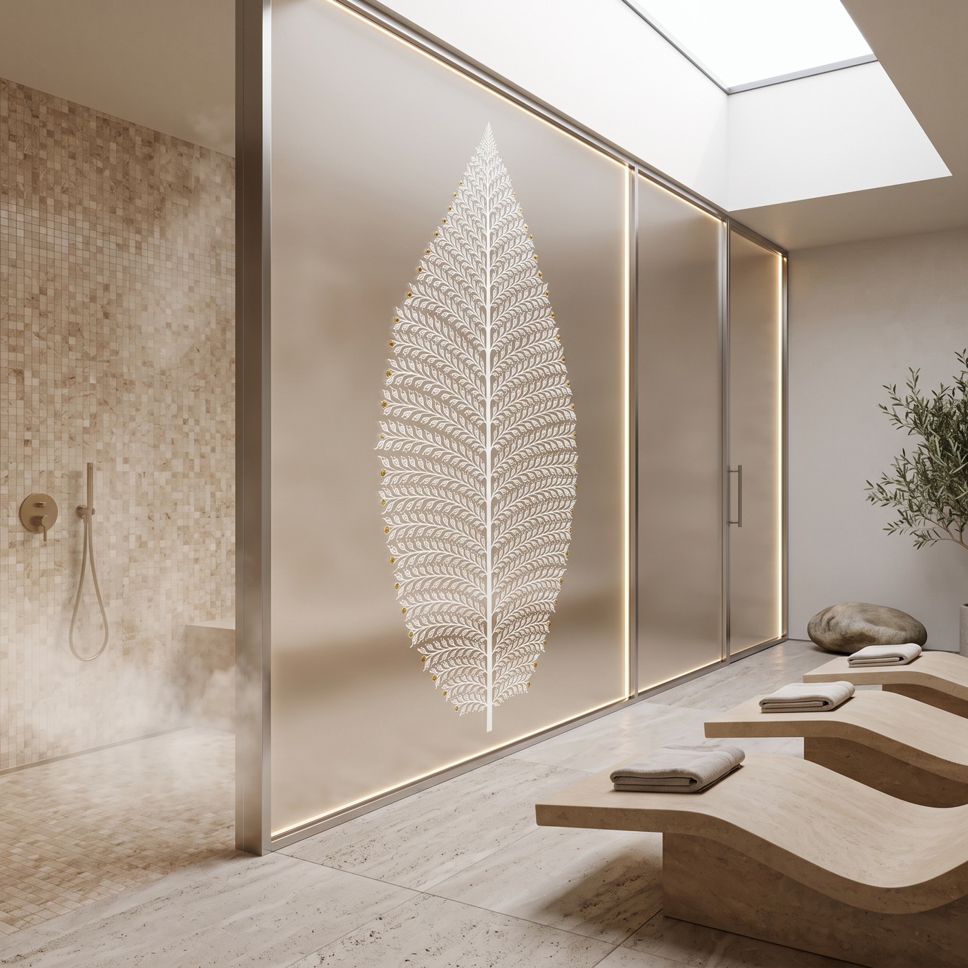 A Pattachitra Vriksha etched in white on a frosted structural glass partition in a thermal spa suite.