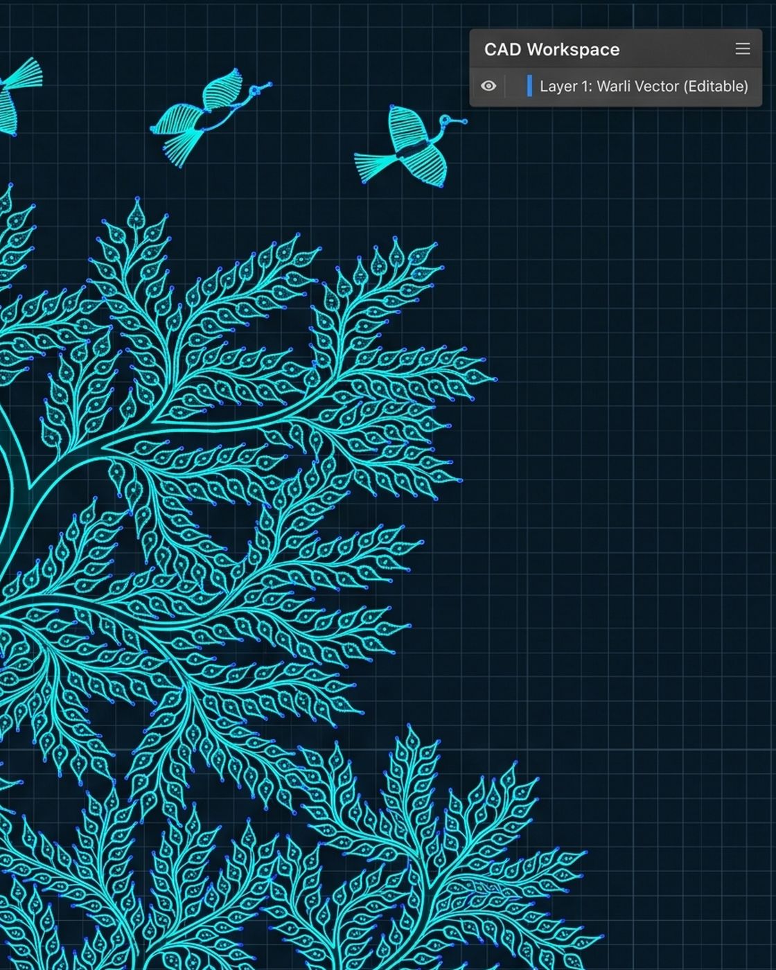 The Warli Tree of Life reconstructed in a CAD workspace as closed-path neon vectors, with Bezier anchor points visible on every leaf tip and the layer named Warli Vector, editable.