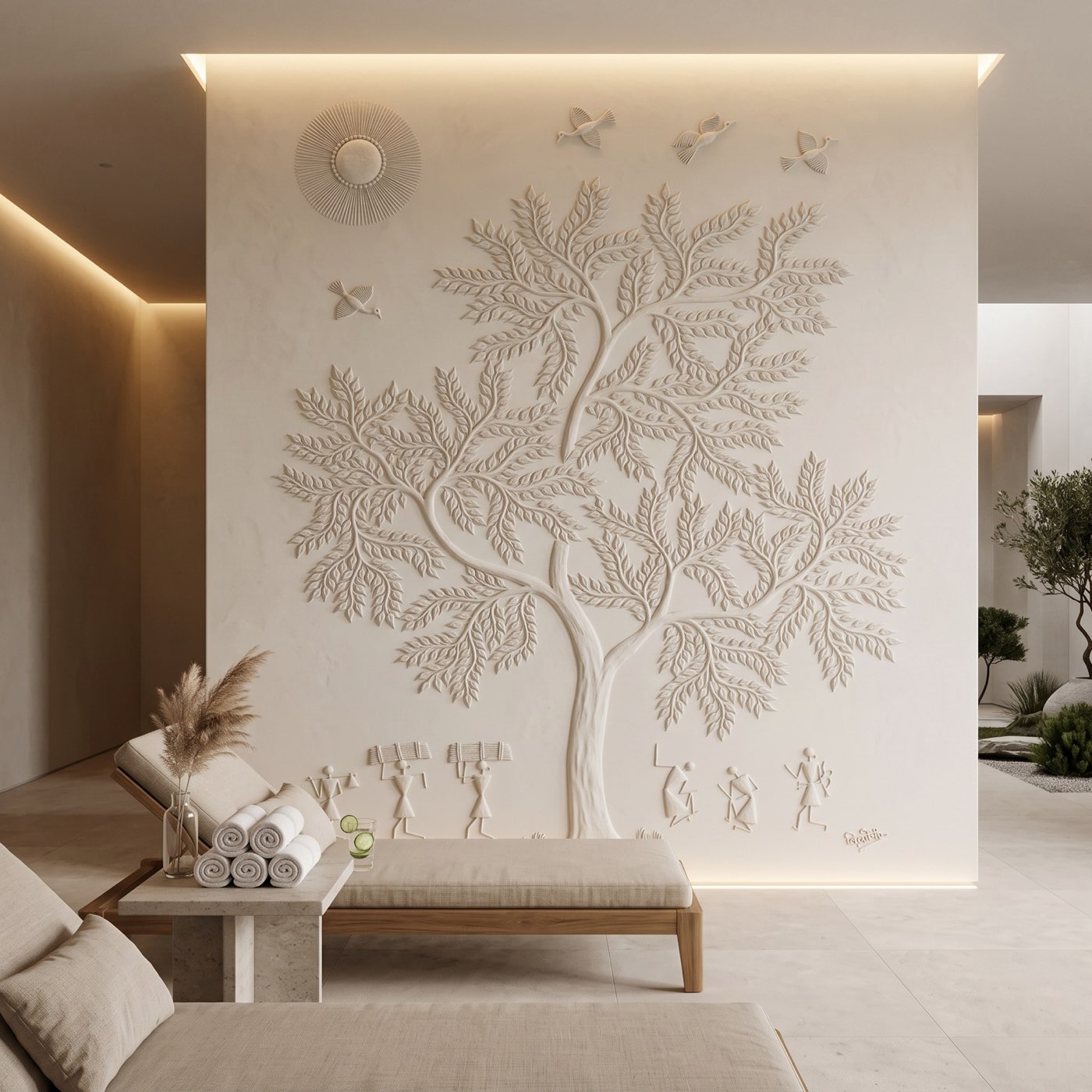 The finished CNC-milled Warli Tree of Life bas-relief feature wall, hand-finished in Venetian lime plaster.